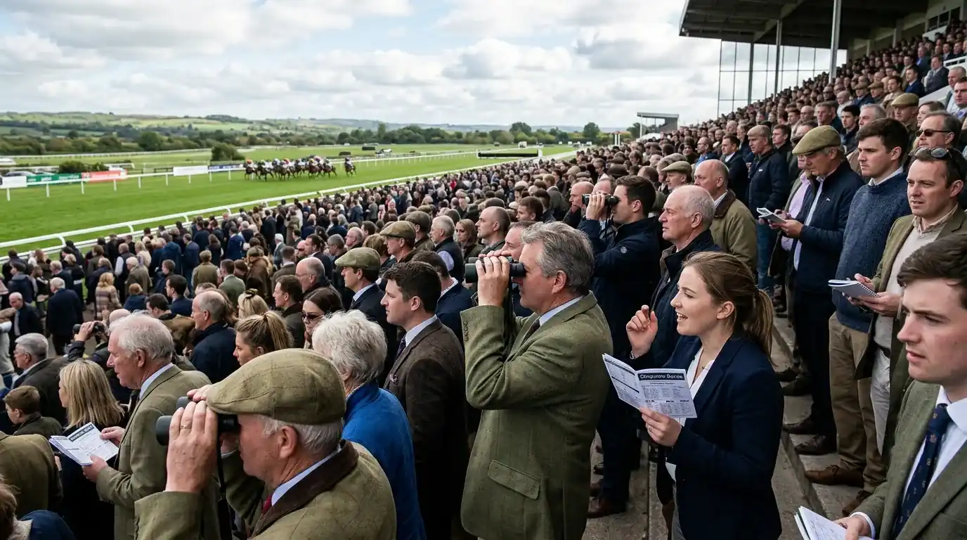 Spectators watching horse race from packed grandstand at British racecourse